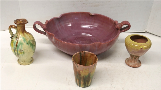 4 Pieces of North Carolina Pottery Attributed to the Cole Family - 4 Vase, 4 Tumber, 6 Rebecca Pitcher, and Pink Glazed Double Handle Bowl 11 Across - One Handle is Repaired - Some Glaze Flakes...