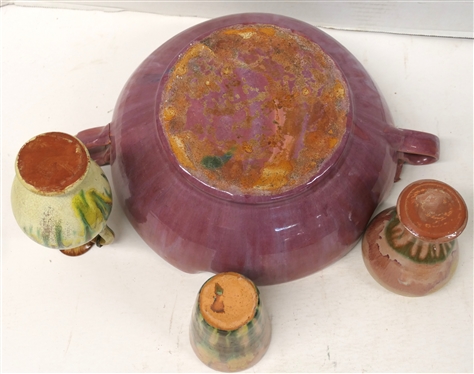 4 Pieces of North Carolina Pottery Attributed to the Cole Family - 4 Vase, 4 Tumber, 6 Rebecca Pitcher, and Pink Glazed Double Handle Bowl 11 Across - One Handle is Repaired - Some Glaze Flakes...