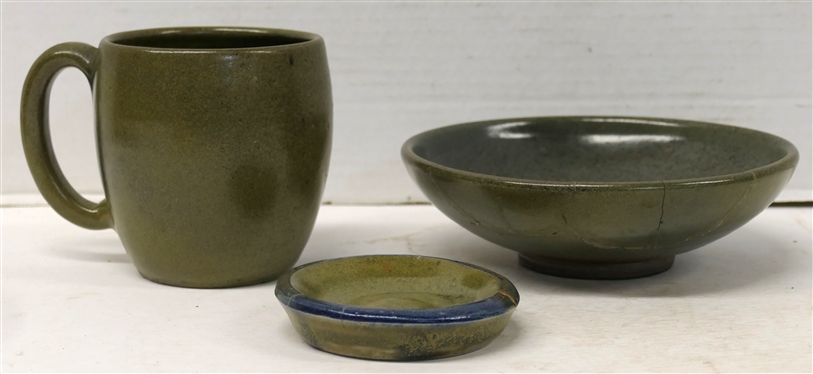3 Pieces of Master Ben Owen Pottery - 4 Mug (Perfect), 3 1/2 Dish, and 6 1/2 Bowl with Repairs - All 3 Stamped Master Ben Owen Potter 