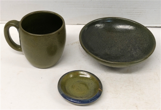 3 Pieces of Master Ben Owen Pottery - 4 Mug (Perfect), 3 1/2 Dish, and 6 1/2 Bowl with Repairs - All 3 Stamped Master Ben Owen Potter 