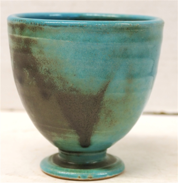 Shearwater Pottery Footed Vase - Turquoise Glaze - Ringed Body - Vessel is 4" Tall 4" Across - Stamped Shearwater - Shearwater Pottery -Ocean Springs, Mississippi