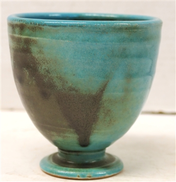 Shearwater Pottery Footed Vase - Turquoise Glaze - Ringed Body - Vessel is 4 Tall 4 Across - Stamped Shearwater - Shearwater Pottery -Ocean Springs, Mississippi