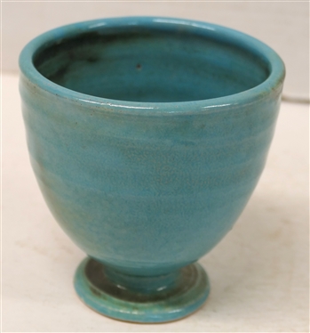 Shearwater Pottery Footed Vase - Turquoise Glaze - Ringed Body - Vessel is 4 Tall 4 Across - Stamped Shearwater - Shearwater Pottery -Ocean Springs, Mississippi