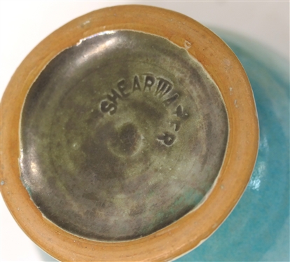 Shearwater Pottery Footed Vase - Turquoise Glaze - Ringed Body - Vessel is 4 Tall 4 Across - Stamped Shearwater - Shearwater Pottery -Ocean Springs, Mississippi