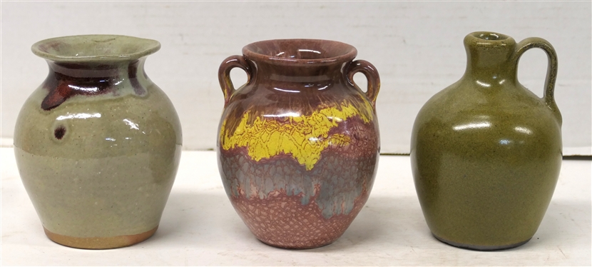 3 Pieces of North Carolina Pottery - Jugtown 4 1/4 Vase Dated 1996, Jugtown 4 3/4 Jug Dated 1982, and Rainbow Glazed Vase Attributed to the Cole Family - Double Handled 4 1/4 Tall 