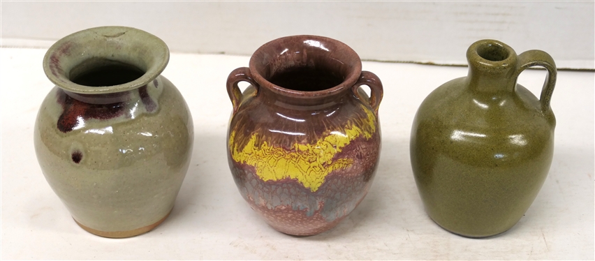 3 Pieces of North Carolina Pottery - Jugtown 4 1/4 Vase Dated 1996, Jugtown 4 3/4 Jug Dated 1982, and Rainbow Glazed Vase Attributed to the Cole Family - Double Handled 4 1/4 Tall 