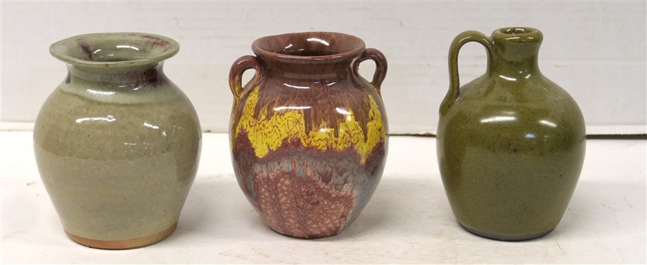 3 Pieces of North Carolina Pottery - Jugtown 4 1/4 Vase Dated 1996, Jugtown 4 3/4 Jug Dated 1982, and Rainbow Glazed Vase Attributed to the Cole Family - Double Handled 4 1/4 Tall 