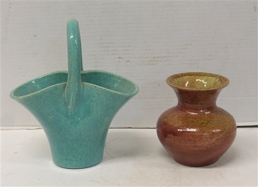North Carolina Pottery Vase with Mulberry Glaze - 5 Tall - Unsigned and Seagrove North Carolina Art Pottery Basket with Speckled Turquoise Glaze - 5 1/4 Tall Not Including Handle - Handle is...