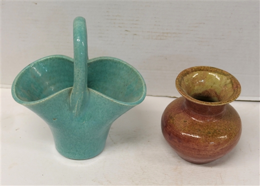 North Carolina Pottery Vase with Mulberry Glaze - 5 Tall - Unsigned and Seagrove North Carolina Art Pottery Basket with Speckled Turquoise Glaze - 5 1/4 Tall Not Including Handle - Handle is...