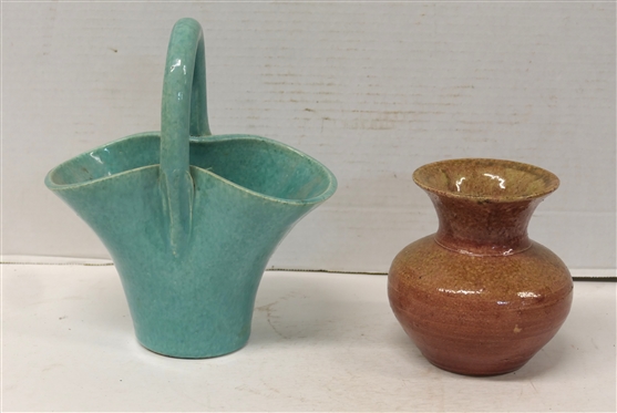North Carolina Pottery Vase with Mulberry Glaze - 5 Tall - Unsigned and Seagrove North Carolina Art Pottery Basket with Speckled Turquoise Glaze - 5 1/4 Tall Not Including Handle - Handle is...