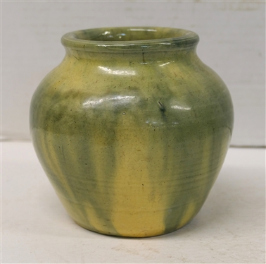 Seagrove North Carolina Pottery Vase - Signed with X - Green and Yellow Glaze - Vase is 5 Tall 