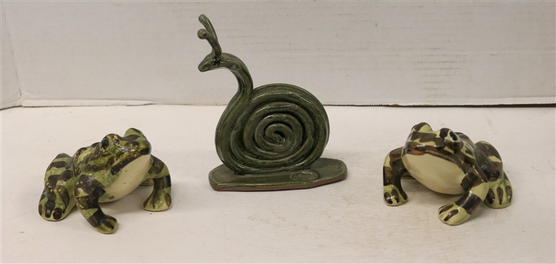AY Pottery Snail Sculpture and 2 Flower Frog Frogs - Attributed to 1930''s Brush McCoy (Not Signed) - Snail Signed AY is 5 Tall - Frogs are 2 3/4 Tall 4 Long 