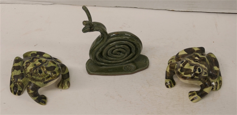 AY Pottery Snail Sculpture and 2 Flower Frog Frogs - Attributed to 1930''s Brush McCoy (Not Signed) - Snail Signed AY is 5 Tall - Frogs are 2 3/4 Tall 4 Long 