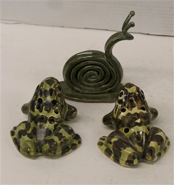 AY Pottery Snail Sculpture and 2 Flower Frog Frogs - Attributed to 1930''s Brush McCoy (Not Signed) - Snail Signed AY is 5 Tall - Frogs are 2 3/4 Tall 4 Long 