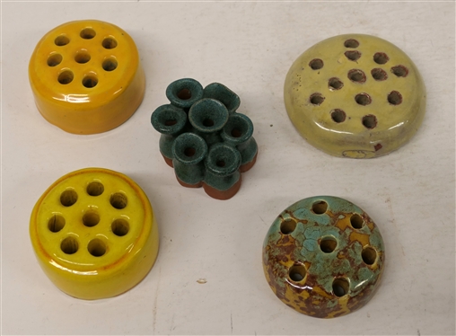 5 Pottery Flower Frogs - North Carolina Pottery, Yellow Japan, and Others 