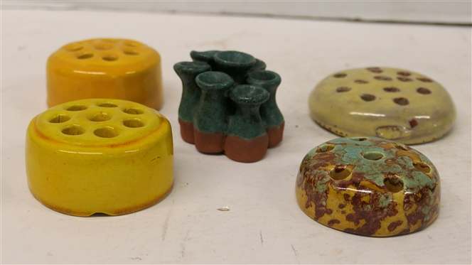 5 Pottery Flower Frogs - North Carolina Pottery, Yellow Japan, and Others 