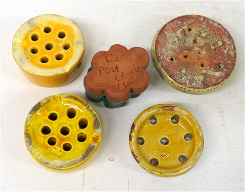 5 Pottery Flower Frogs - North Carolina Pottery, Yellow Japan, and Others 