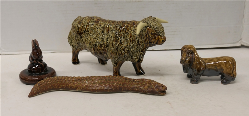 4 Art Pottery Animals - Highland Cow Signed HL Scotland, Why Not Pottery Signed Snake, Dog, and Rabbit - Cow is 5 Tall 9 Long - Snake is 10 Long 