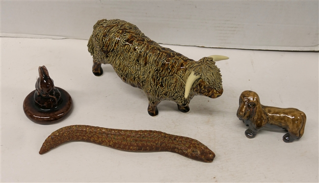 4 Art Pottery Animals - Highland Cow Signed HL Scotland, Why Not Pottery Signed Snake, Dog, and Rabbit - Cow is 5 Tall 9 Long - Snake is 10 Long 