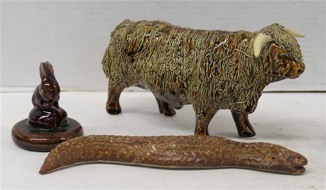 4 Art Pottery Animals - Highland Cow Signed HL Scotland, Why Not Pottery Signed Snake, Dog, and Rabbit - Cow is 5 Tall 9 Long - Snake is 10 Long 