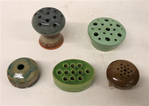 5 Art Pottery Flower Frogs - Mushroom Shaped 1980 Dated and 4 Others - Dated Frog is 4 Tall 3 Wide 