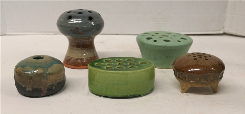 5 Art Pottery Flower Frogs - Mushroom Shaped 1980 Dated and 4 Others - Dated Frog is 4 Tall 3 Wide 