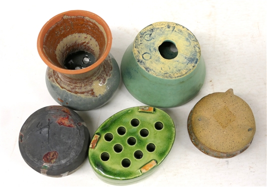5 Art Pottery Flower Frogs - Mushroom Shaped 1980 Dated and 4 Others - Dated Frog is 4 Tall 3 Wide 