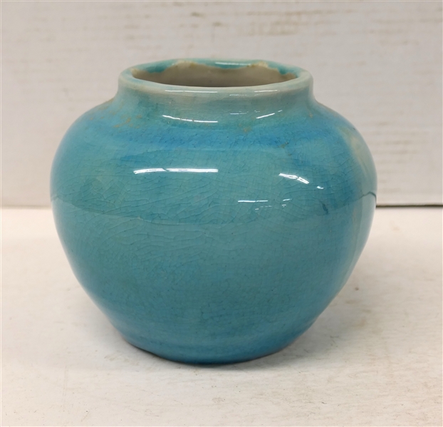 1953 Pisgah Forest Blue Crackle Glazed Vase with White Glazed Interior - Stamped 1953 Pisgah Forest - Stamp Used by Stephen at Separate Workshop - Vase is 5" tall 5 1/2" Across