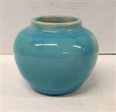 1953 Pisgah Forest Blue Crackle Glazed Vase with White Glazed Interior - Stamped 1953 Pisgah Forest - Stamp Used by Stephen at Separate Workshop - Vase is 5 tall 5 1/2 Across