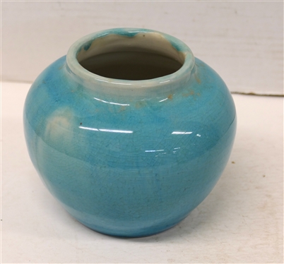 1953 Pisgah Forest Blue Crackle Glazed Vase with White Glazed Interior - Stamped 1953 Pisgah Forest - Stamp Used by Stephen at Separate Workshop - Vase is 5 tall 5 1/2 Across