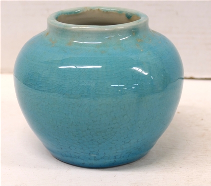1953 Pisgah Forest Blue Crackle Glazed Vase with White Glazed Interior - Stamped 1953 Pisgah Forest - Stamp Used by Stephen at Separate Workshop - Vase is 5 tall 5 1/2 Across