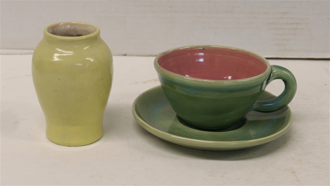1953 Pisgah Forest Light Green Glazed Cup and Saucer Set and 1930s Pisgah Forest Yellow Glazed 4" Vase - Stamped Pisgah Forest W.B. Stephen 