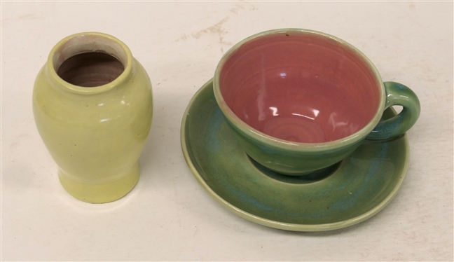 1953 Pisgah Forest Light Green Glazed Cup and Saucer Set and 1930''s Pisgah Forest Yellow Glazed 4 Vase - Stamped Pisgah Forest W.B. Stephen 
