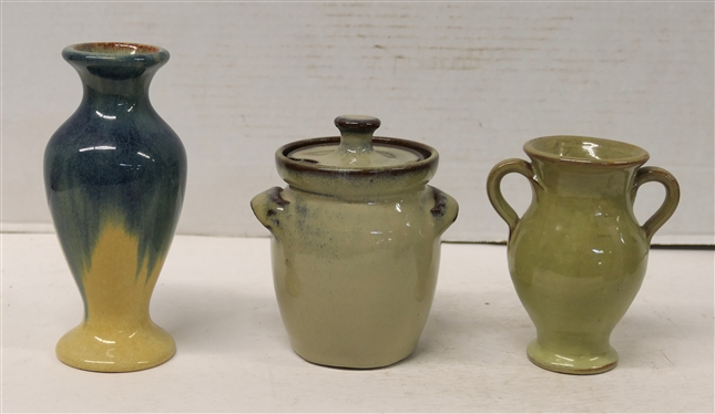 3 Pieces of Seagrove - North Carolina Art Pottery -4 Double Handled Seagrove Vase, Unsigned 6 Vase, and Bolick Honey Jar - 5 Tall with Lid