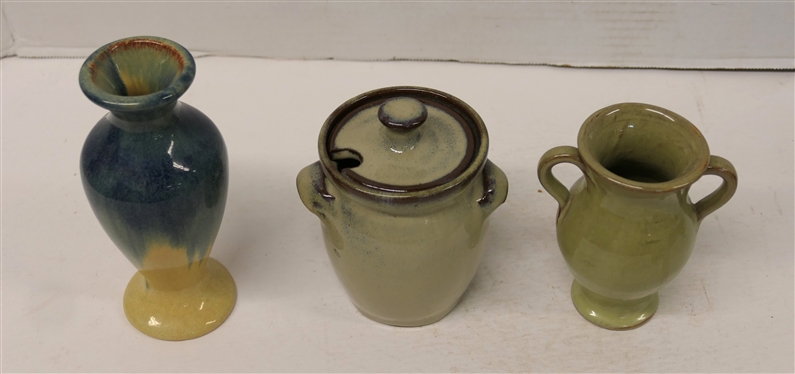 3 Pieces of Seagrove - North Carolina Art Pottery -4 Double Handled Seagrove Vase, Unsigned 6 Vase, and Bolick Honey Jar - 5 Tall with Lid