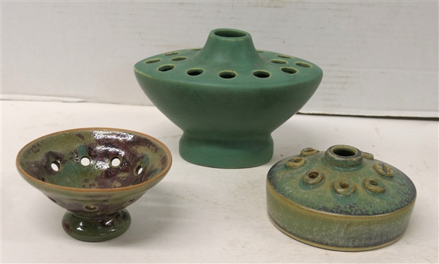 3 Flower Frogs - Turquoise Flower Frog Footed Vase, Artist Signed Studio Art Pottery Low Frog Vase, and Footed Art Pottery Frog - Largest Frog Vase is 5 tall 7 Across