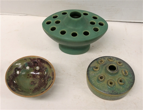  3 Flower Frogs - Turquoise Flower Frog Footed Vase, Artist Signed Studio Art Pottery Low Frog Vase, and Footed Art Pottery Frog - Largest Frog Vase is 5 tall 7 Across