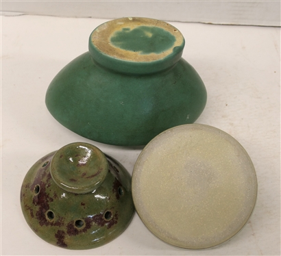  3 Flower Frogs - Turquoise Flower Frog Footed Vase, Artist Signed Studio Art Pottery Low Frog Vase, and Footed Art Pottery Frog - Largest Frog Vase is 5 tall 7 Across