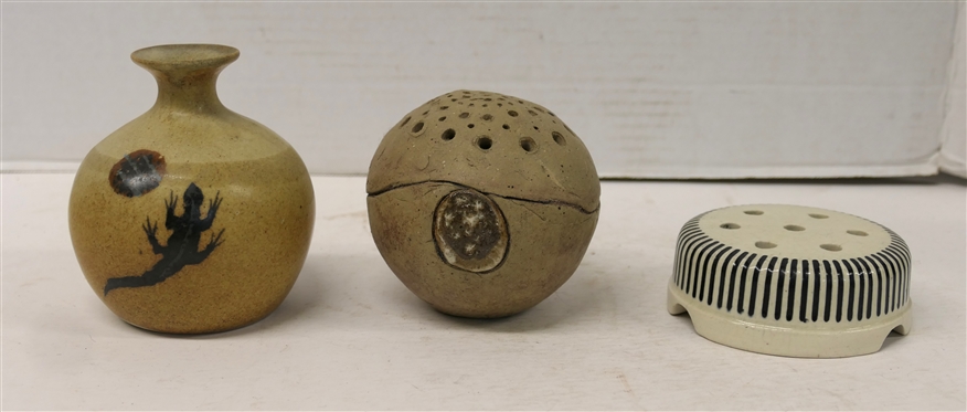 3 Pieces of Contemporary Studio Art Pottery - Ball with Pierced Top 4 1/4 Vase with Lizard, and S.A. Weller Zanesville, Ohio Flower Frog
