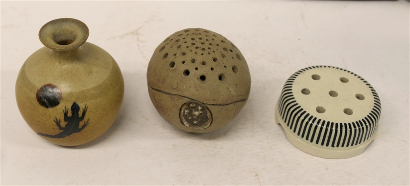 3 Pieces of Contemporary Studio Art Pottery - Ball with Pierced Top 4 1/4 Vase with Lizard, and S.A. Weller Zanesville, Ohio Flower Frog