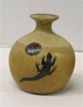 3 Pieces of Contemporary Studio Art Pottery - Ball with Pierced Top 4 1/4 Vase with Lizard, and S.A. Weller Zanesville, Ohio Flower Frog