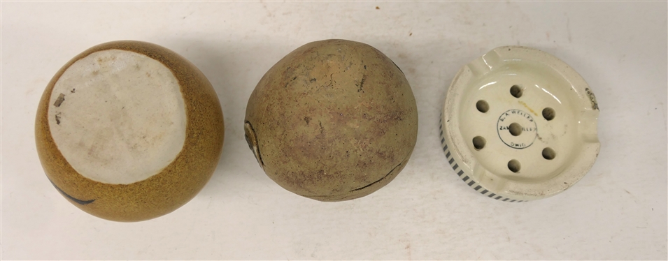 3 Pieces of Contemporary Studio Art Pottery - Ball with Pierced Top 4 1/4 Vase with Lizard, and S.A. Weller Zanesville, Ohio Flower Frog