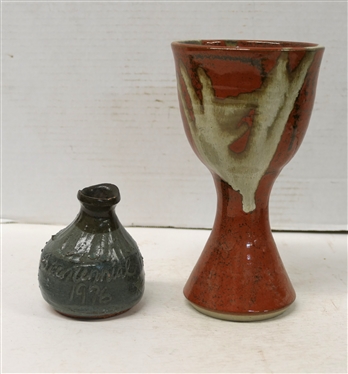 Mack Chrisco North Carolina Art Pottery Chalace and Regional Charlotte Bicentennial 1976 Handmade Pottery Vase - Chalice is 7 3/4 Tall , Vase is 3 3/4 Tall - Some Tiny Flake on Top Edge of Vase