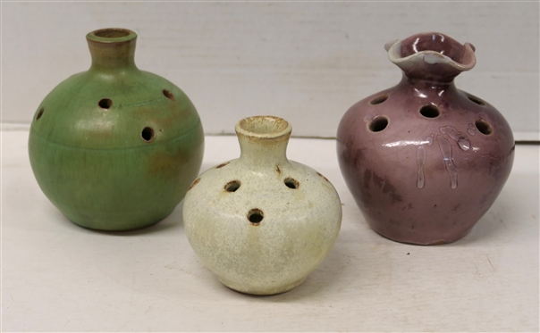 3 Seagrove North Carolina Pottery Flower Frog Vases - All Unsigned - Green 5 with Tiny Chip on Top Edge, White 4 and Wine Colored 5 