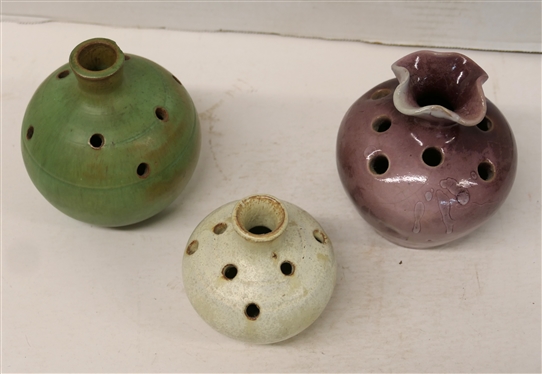 3 Seagrove North Carolina Pottery Flower Frog Vases - All Unsigned - Green 5 with Tiny Chip on Top Edge, White 4 and Wine Colored 5 