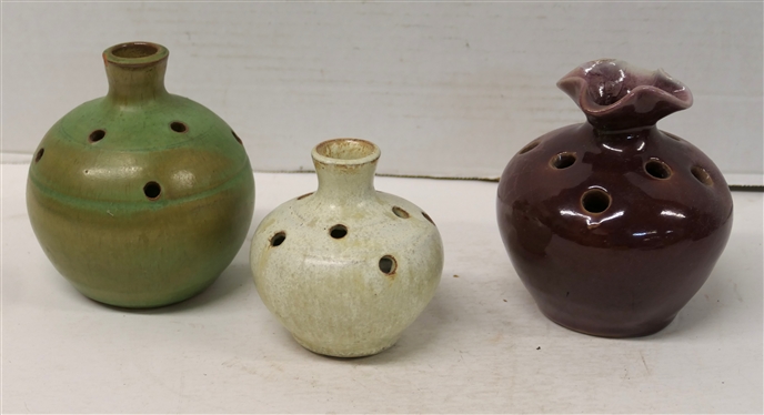 3 Seagrove North Carolina Pottery Flower Frog Vases - All Unsigned - Green 5 with Tiny Chip on Top Edge, White 4 and Wine Colored 5 