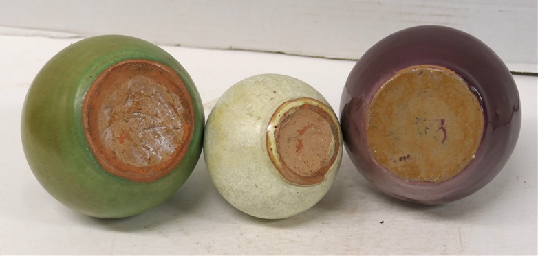3 Seagrove North Carolina Pottery Flower Frog Vases - All Unsigned - Green 5 with Tiny Chip on Top Edge, White 4 and Wine Colored 5 