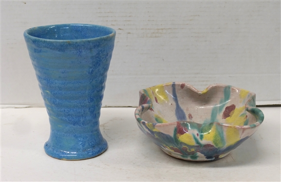 2 Pieces of North Carolina Art Pottery - Attributed to the Cole Family - Blue Ribbed Vase 6 1/4 Tall and 7 1/2 Rainbow Glazed Bowl - Both Unsigned