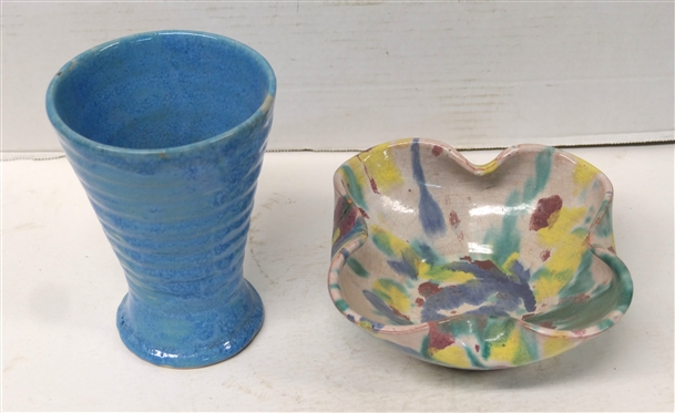 2 Pieces of North Carolina Art Pottery - Attributed to the Cole Family - Blue Ribbed Vase 6 1/4 Tall and 7 1/2 Rainbow Glazed Bowl - Both Unsigned