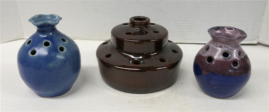 3 North Carolina Pottery Flower Frog Vases - Blue 5 By John Sarrow - Old Fort, NC, Blue and Purple 4 by Derrick Sarrow - Old Fort, NC April 2000, and Brown 5 Tall Teagues Pottery by F. Craven -...